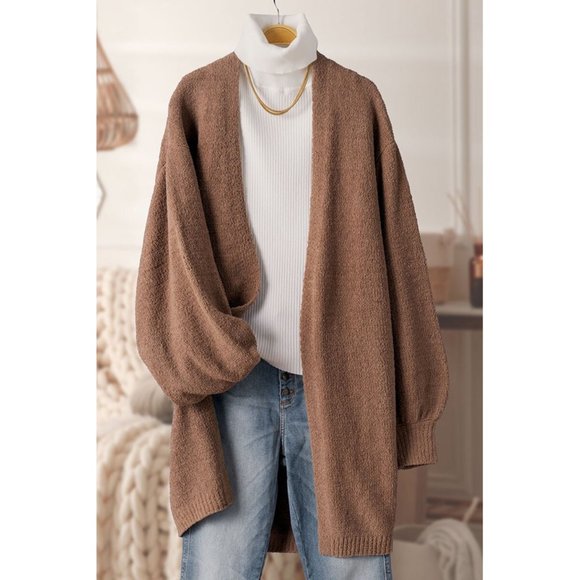 NEW Ultra Soft Bishop Sleeves Long Open Cozy Plush Sweater Cardigan Coco Brown - Picture 6 of 11